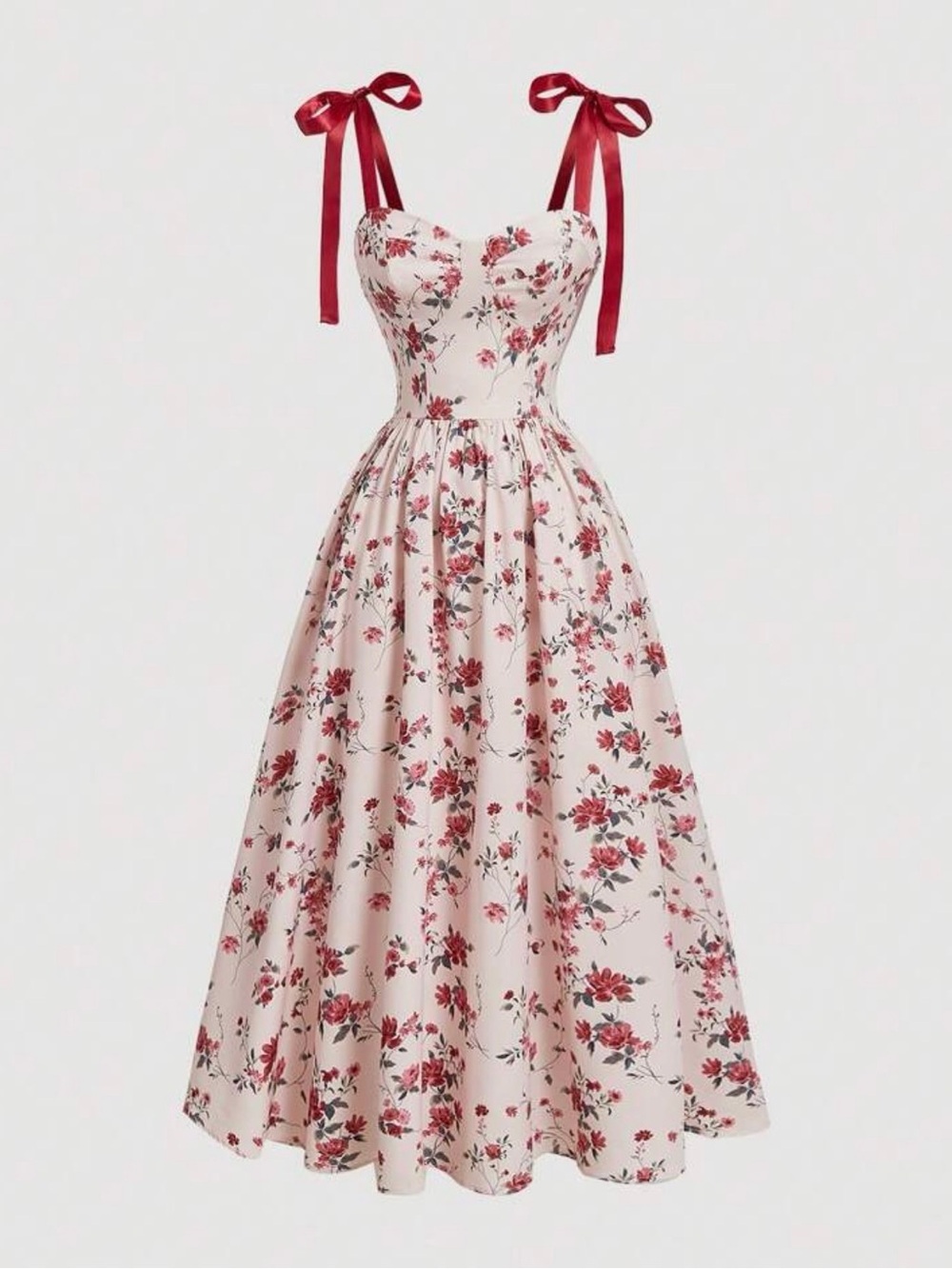 Floral Tie-Shoulder Midi Dress in Blush and Red